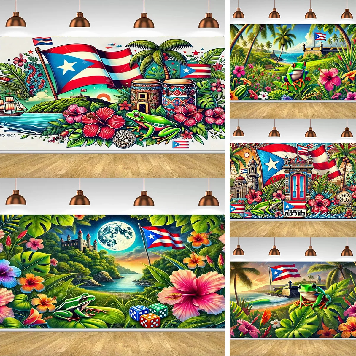 

Puerto Rico Flag Tropical Frog Hibiscus Party Photography Background Birthday Party Travel Theme Photo Booth Decoration Props