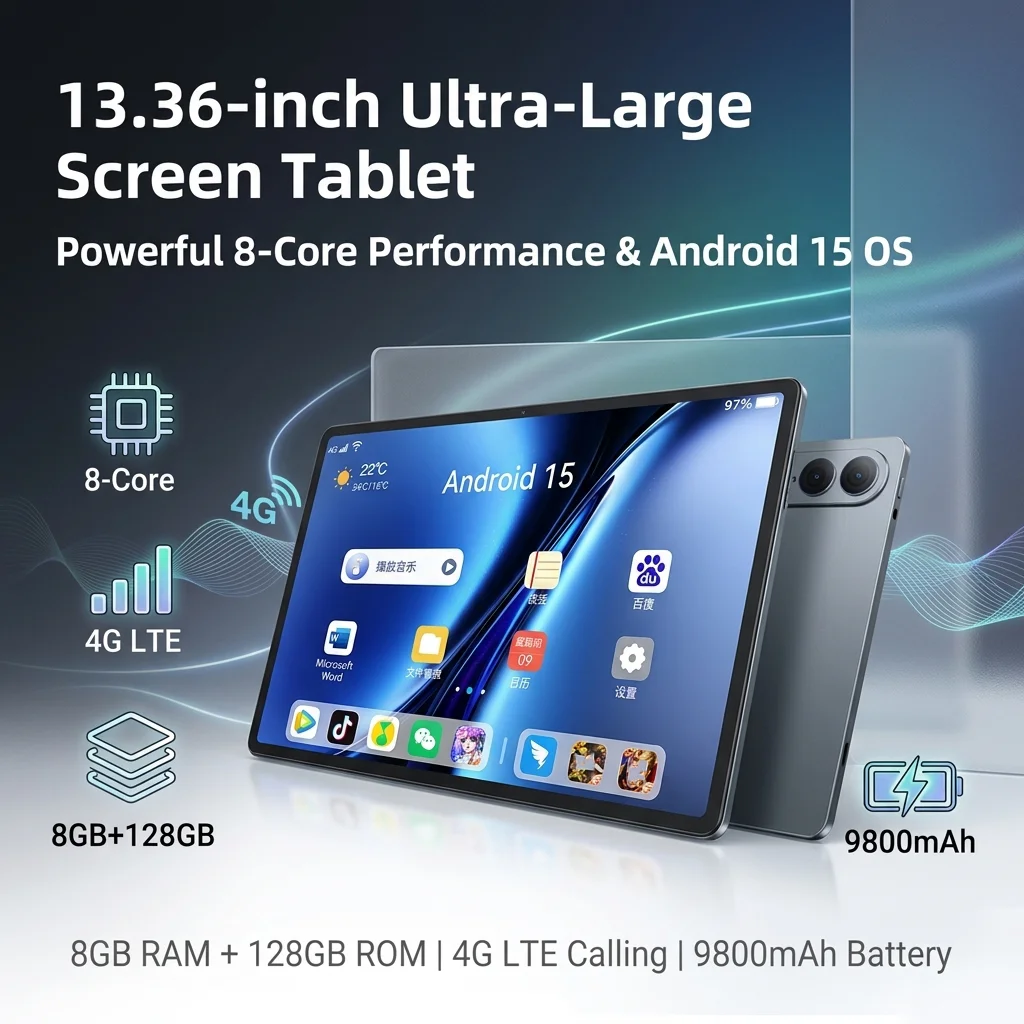 Tableta con pantalla ultragrande de 13,36 pulgadas, Android 15, 8 GB + 128 GB, batería grande de 9800 mAh, cámara dual HD de 1300 MP, pantalla IPS HD con protección ocular, Octa Core, delgada, portátil, WiFi, Bluetooth, tableta inteligente global para aprendizaje, juegos, oficina y entretenimiento.