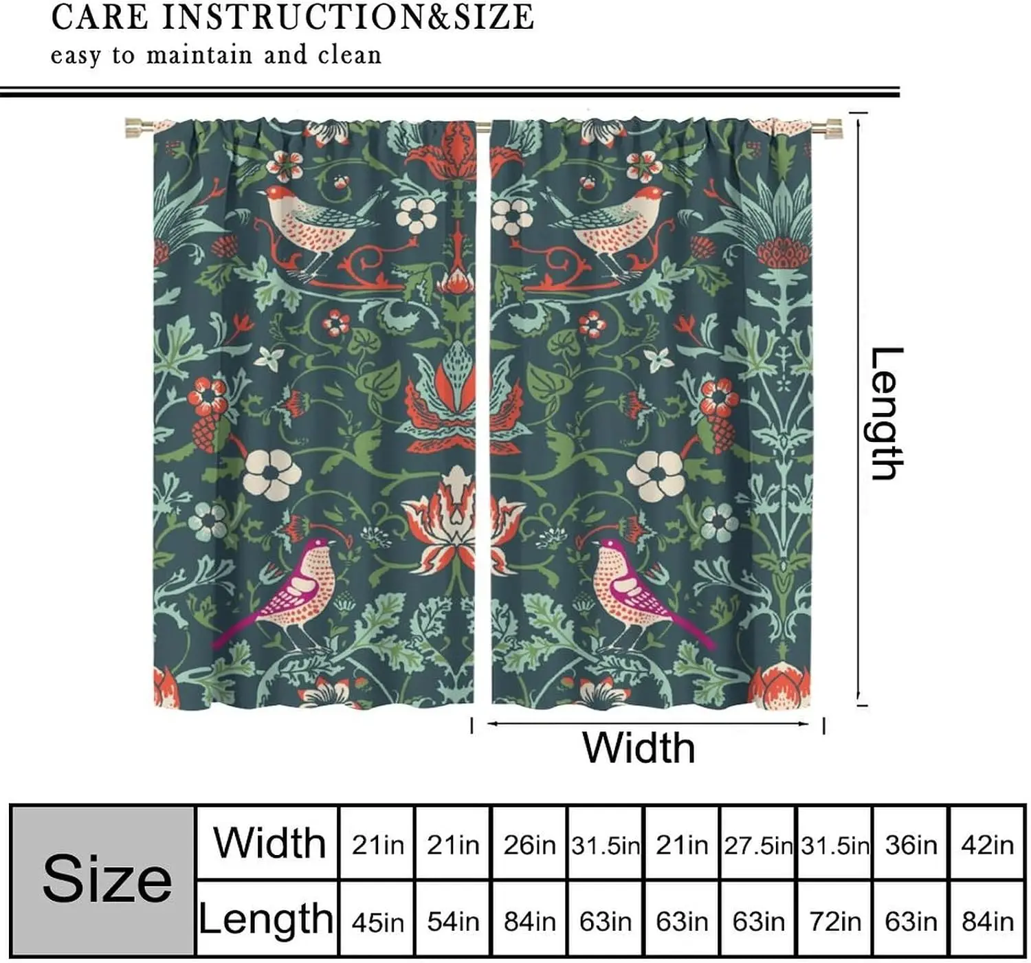 Elegant Botanical Bird Print Curtain Panels Window Dress Curtain Light Filtering Home Decor for Living Room Bedroom Bathroom