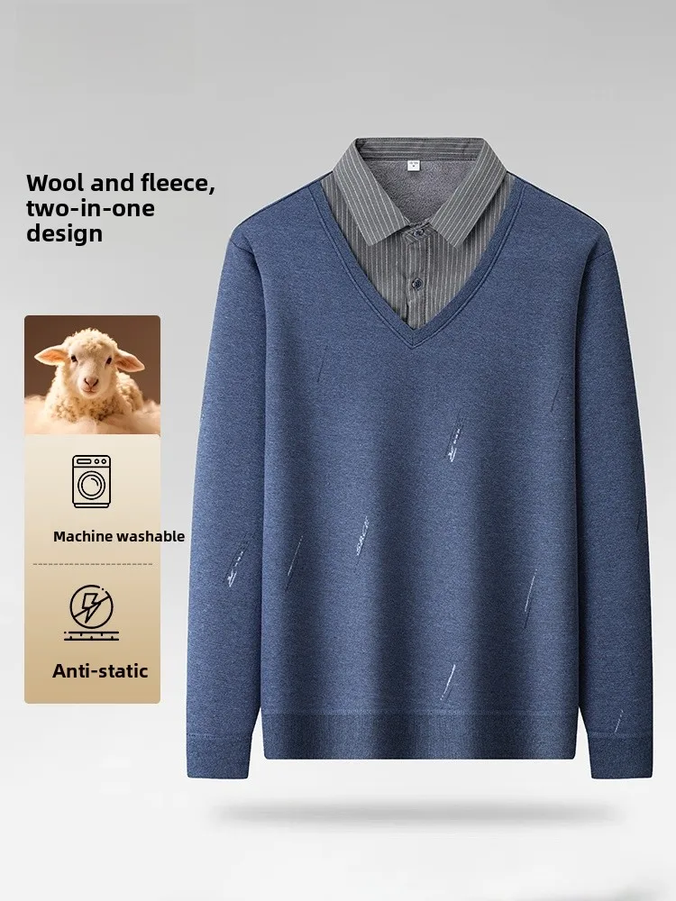 

Мужской вязаный свитер в стиле кэжуал с длинным рукавом для мужчин среднего возраста и пап, имитация двухслойности, из полиэфирного волокна, теплый, зимний