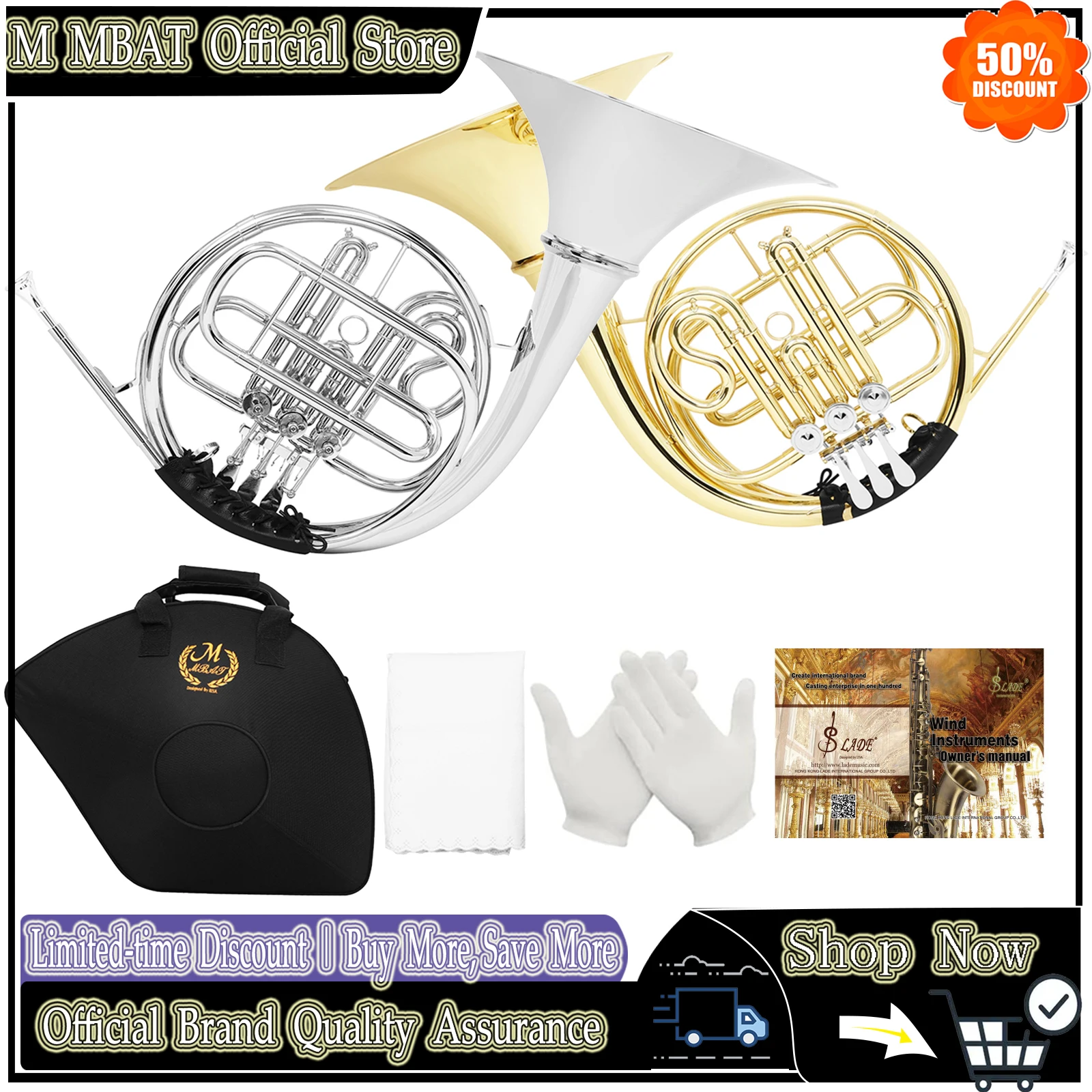 M MBAT Flat 3 Keys French Horn F/Bb Import Brass Lacquer Split French Horn Pro Brass Instrument for Concert Band Grading Playing