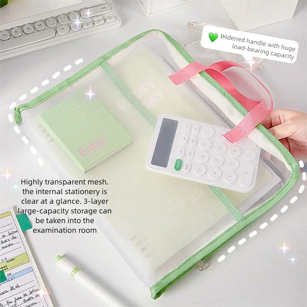 Candy Color Test Paper Storage Bag Visible Multifunctional Zipper Mesh Bags Handheld 3 Compartments File Folder Bag