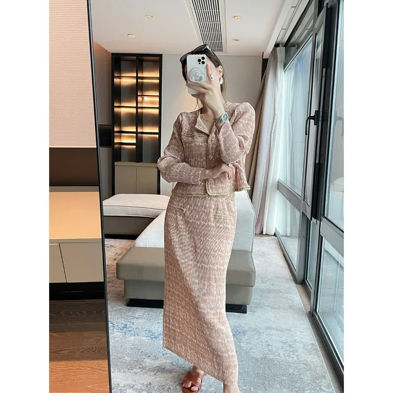 Miyake Pleated Printed Suit Round Neck Single Breasted Short Jacket+skirt 2-piece Set  Elegant Holiday Party Women's Clothing