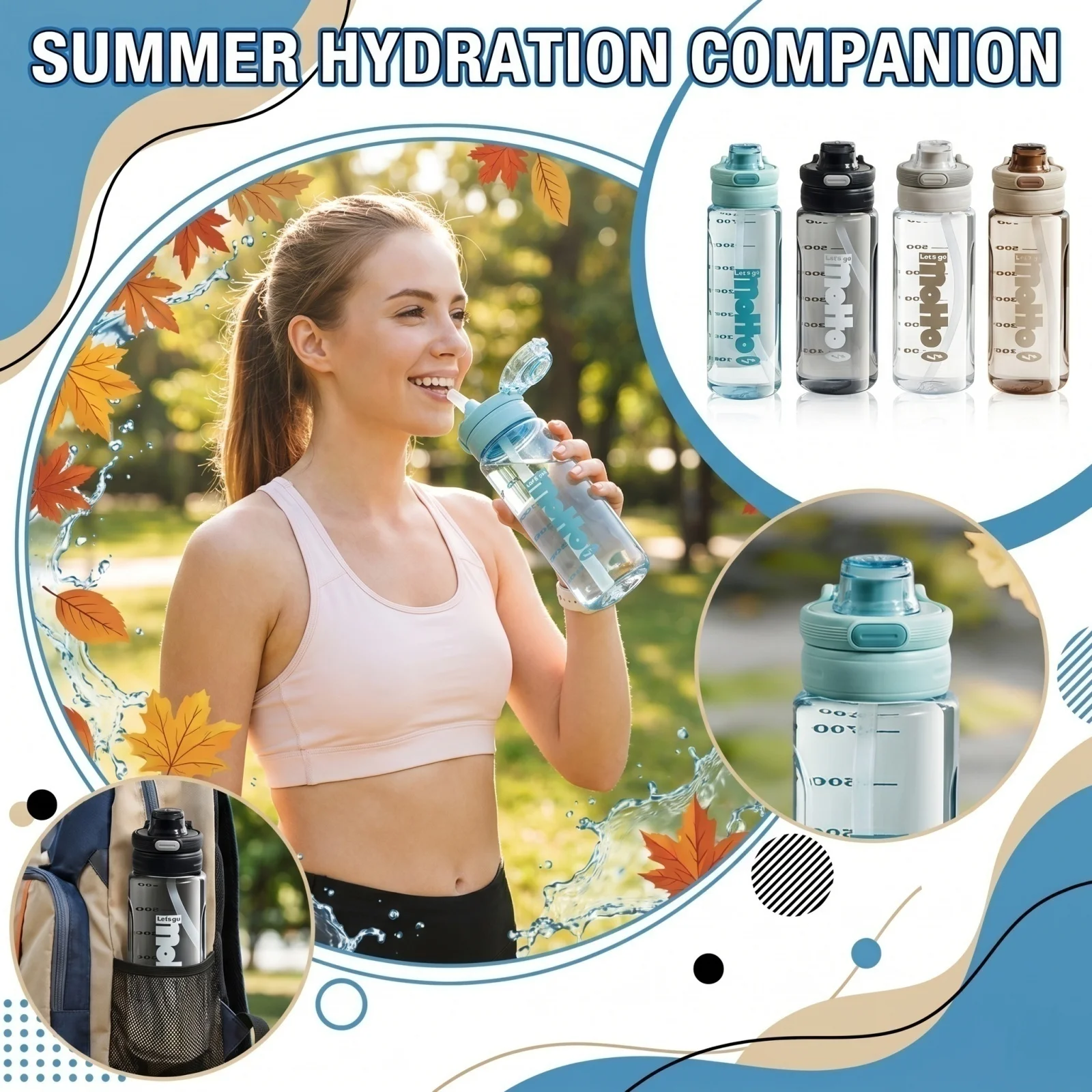 700ml Portable Sports Bottle with Straw for Summer Sports  Anti-Drop Leakproof Water Bottle for Men Women Students