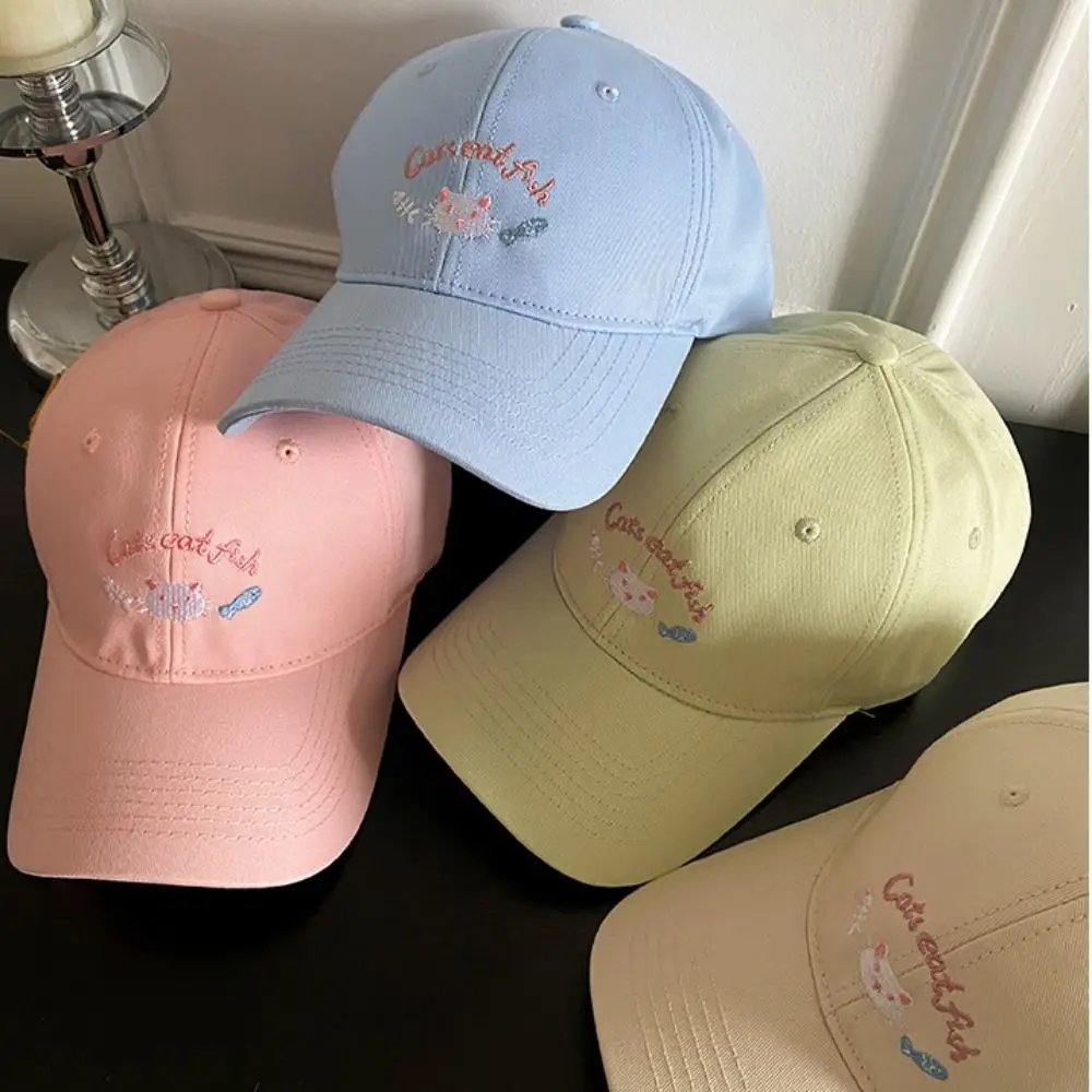 

Универсальная бейсболка с вышивкой кота, мультяшная бейсболка, солнцезащитный крем, мягкая шляпа от солнца, хлопковая фуражка Y2K, спортивная кепка