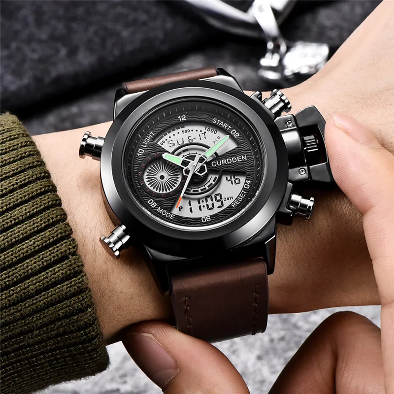 Men Original CURDDEN Brand Dual Time Watches Fashion Leather Band Chronograph Military Multi-function Sports Watch Reloj Hombre