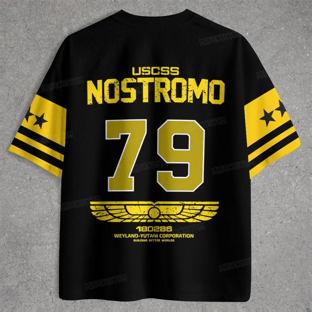 Unisex Sci Fi Nostromo Mesh Jersey T Shirt, Vintage Space Exploration Graphic V Neck Short Sleeve Oversized Streetwear
