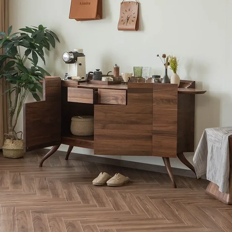 Italian wabi-sandy wind solid wood side cabinet minimalist North American black walnut special-shaped tea cabinet storage