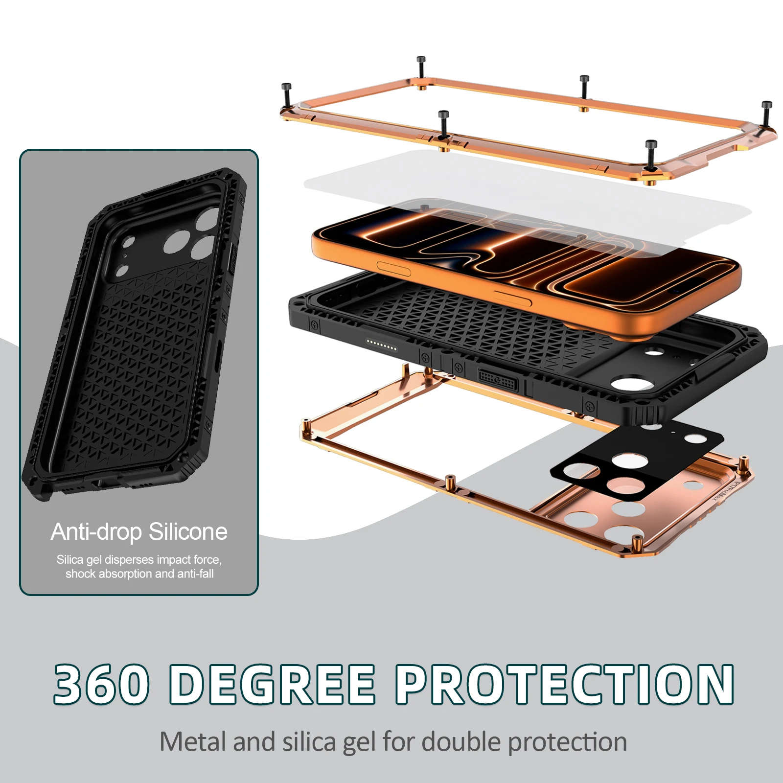 Wojskowe etui antywstrząsowe do iPhone 17 Pro 16E Air 16 15 14 13 12 Pro Max IP68, w pełni wodoodporne, silikonowe zabezpieczenie, aluminiowa obudowa. — zdjęcie produktu 5