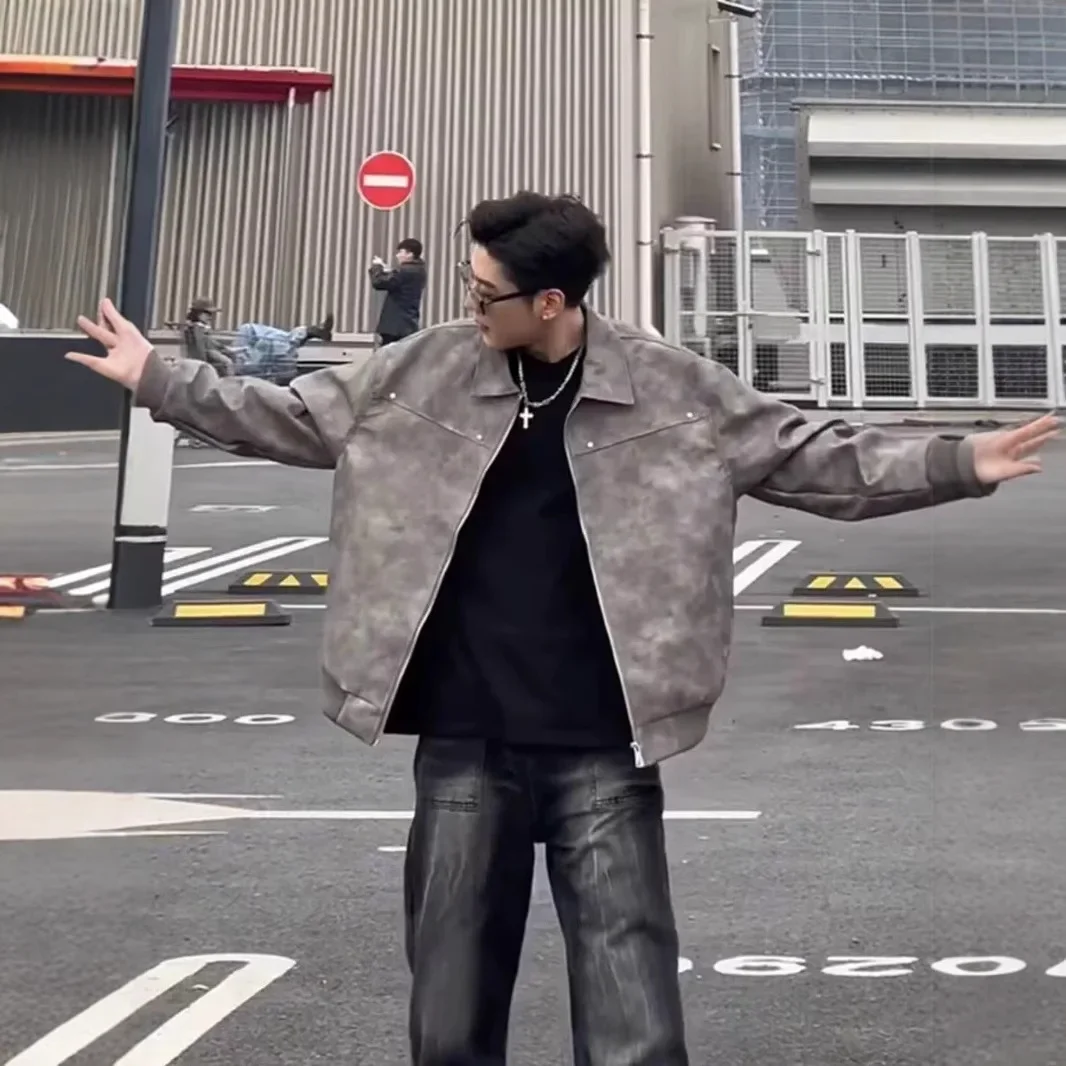 American Vintage Leather Jacketd for Men Korean Fashion Lapel Baseball Jacket Maillard Style Streetwear Coat Y2k Men Clothing