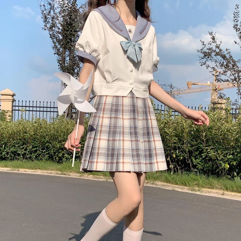 Japanese Jk Uniform Summer Sailor Collar Pocket Blue Short Sleeves Top Light Blue Mini Pleated Skirt Fashion Versatile Set Girls