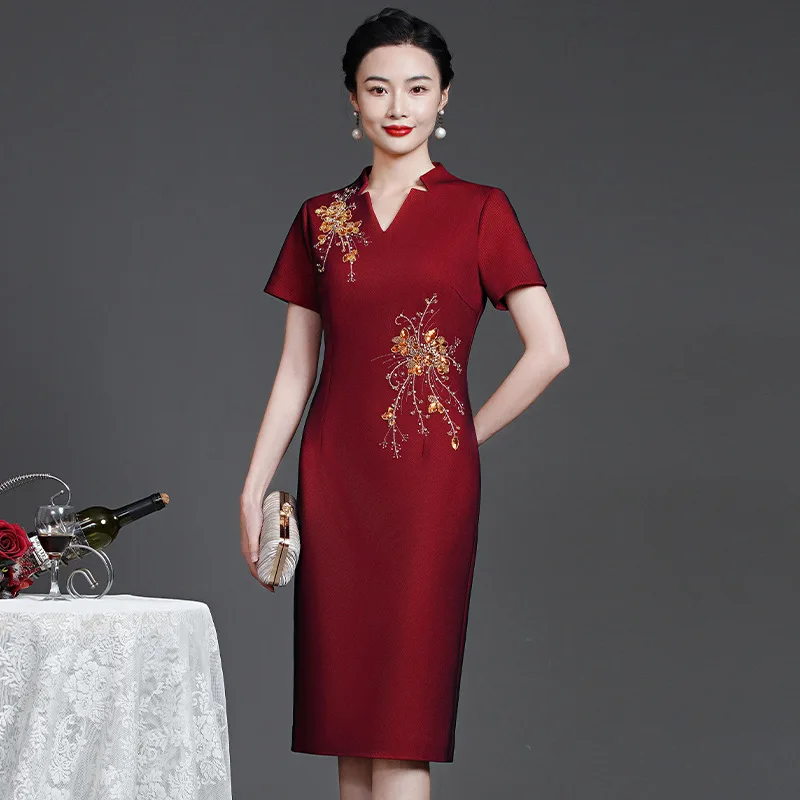 

Yourqipao 2023 Autumn Improved Cheongsam Dignified Elegant Embroidered Chinese Style Evening Wedding Dress for Middle-aged Women