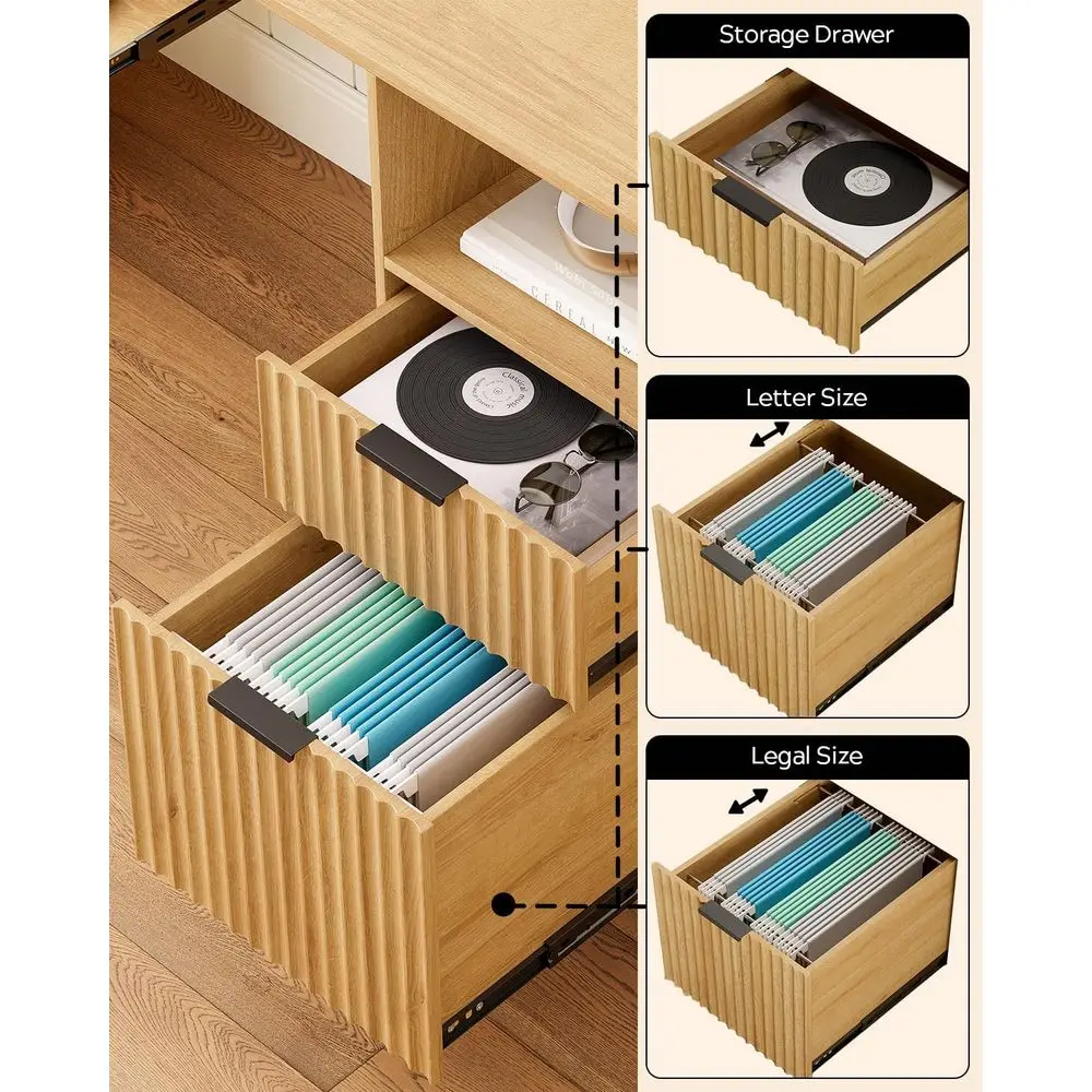 مكتب تنفيذي كبير من خشب البلوط الطبيعي مع قاعدة شحن وأرجل معدنية ورف مفتوح وصينية لوحة المفاتيح