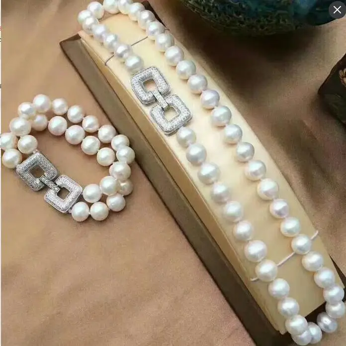 hot sellnoble jewelry 9-10mm Freshwater white pearl necklace braceler set