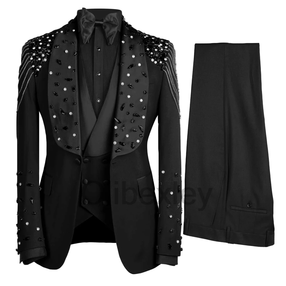 Olibexley Luxury Mens 3 Pieces Suit Beaded Pearls Diamond Slim Fit Double Breasted Jacket Pant for Prom Party Customized S406
