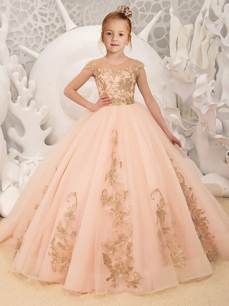 

Gorgeous Peach Child Flower Girl Dresses for Weddings Long Appliques Bow Party Ball Gown Princess Tulle Birthday Pageant Dress