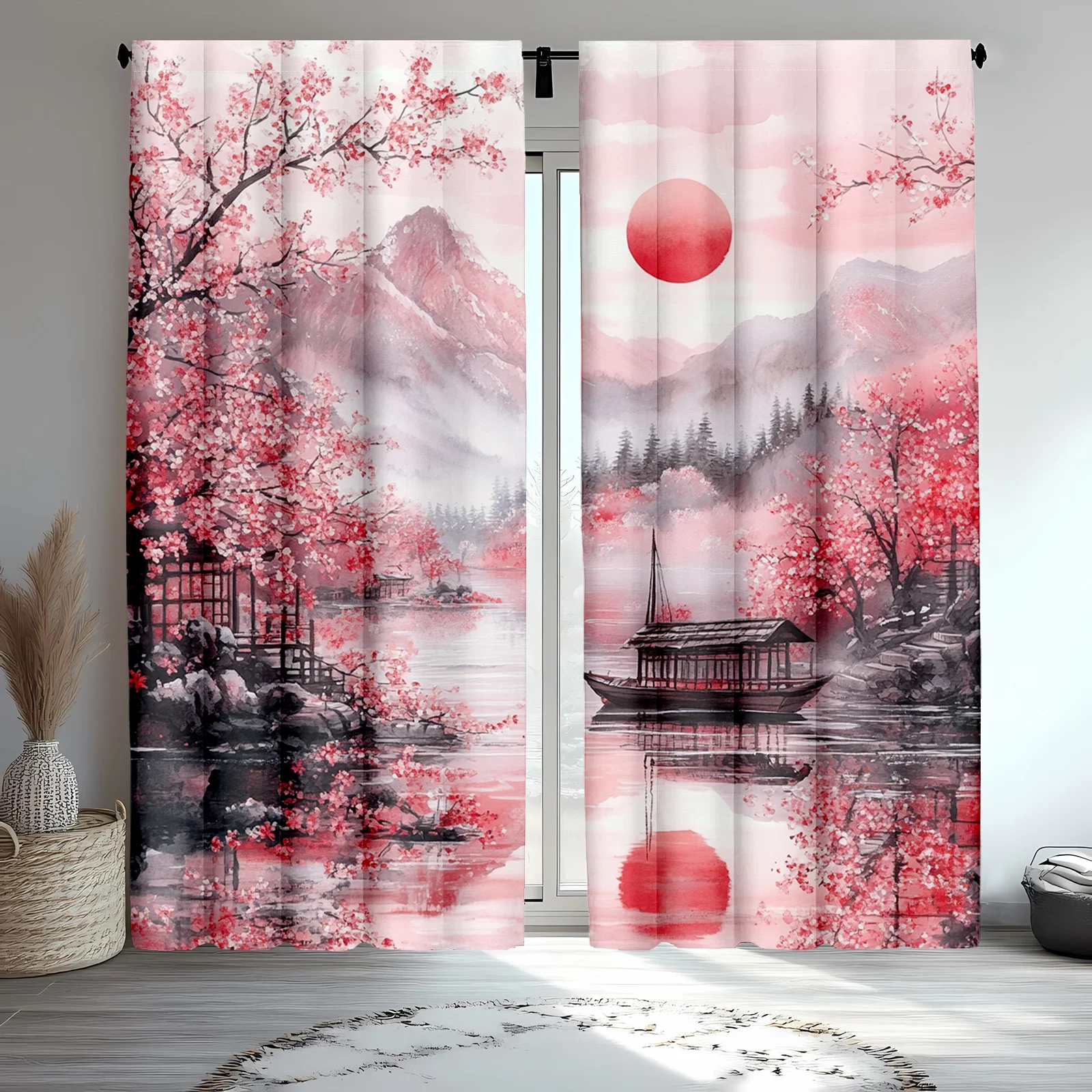 Pink Cherry Blossom Sakura Floral Curtains Pair Japanese Landscape Window Curtains Decorative Home Decor for Living Room Bedroom