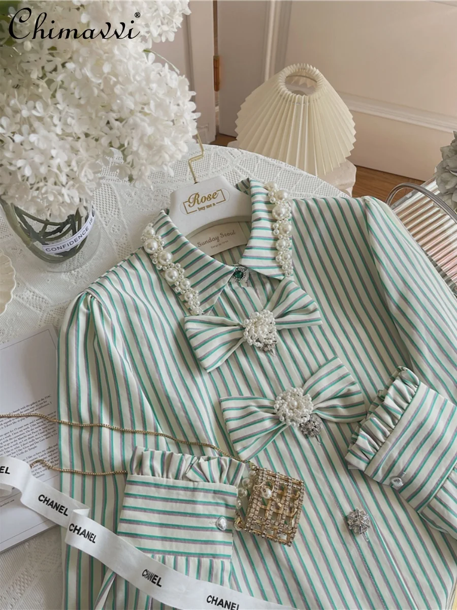 French Style Retro Green Striped Pearl Shirt 2024 Autumn New Fashion Polo Collar Long Sleeve Loose Temperament Blouse Women Top