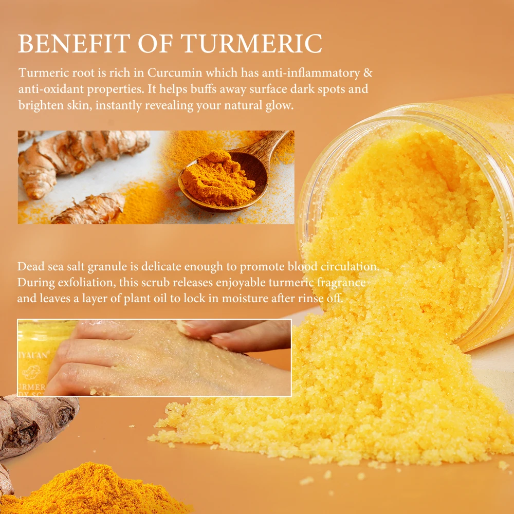 Turmeric Body Scrub Soften Cutin Smooth Skin Moisturizing Sea Salt Exfoliating Pore Cleaning Brighten Lighten Dark Spots Acne