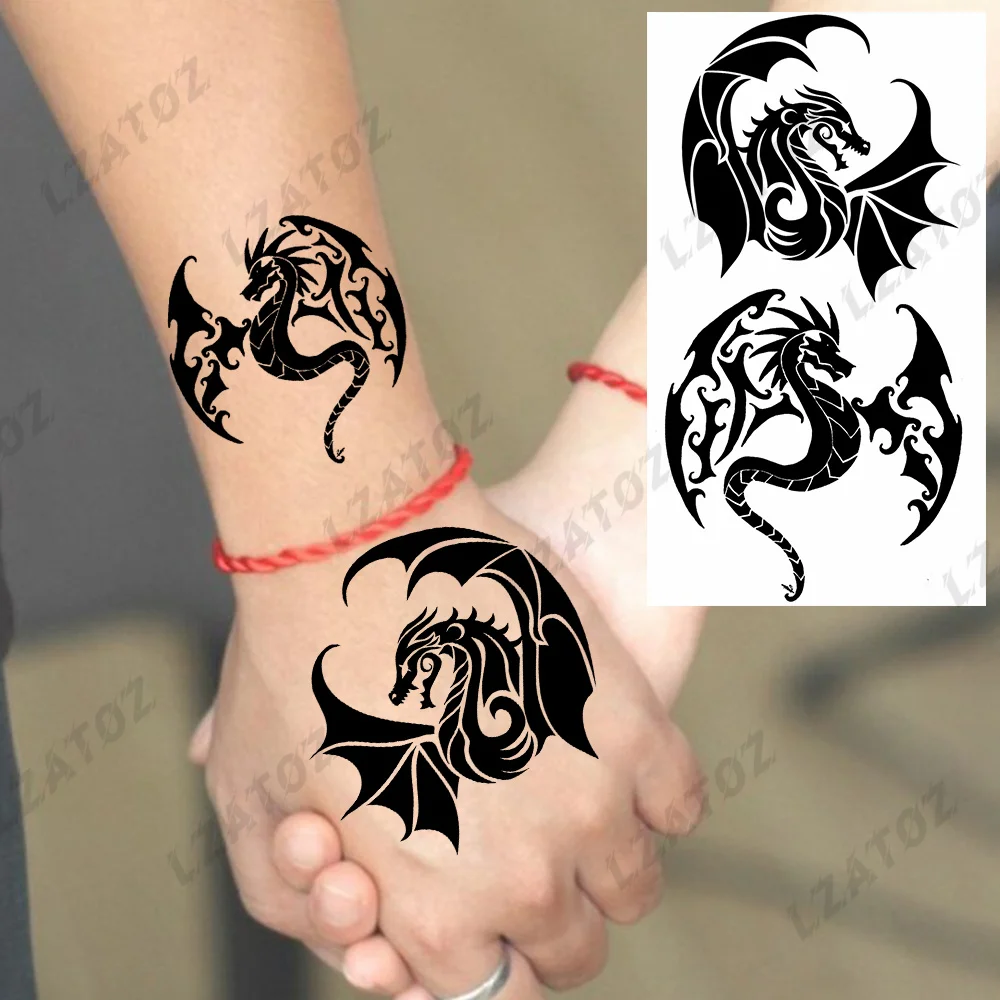 Black Crown Art Temporary Tattoos For Woman Man Compass Sun Moon Dragon Fake Tattoo Sticker Hand Water Transferable Tatoos