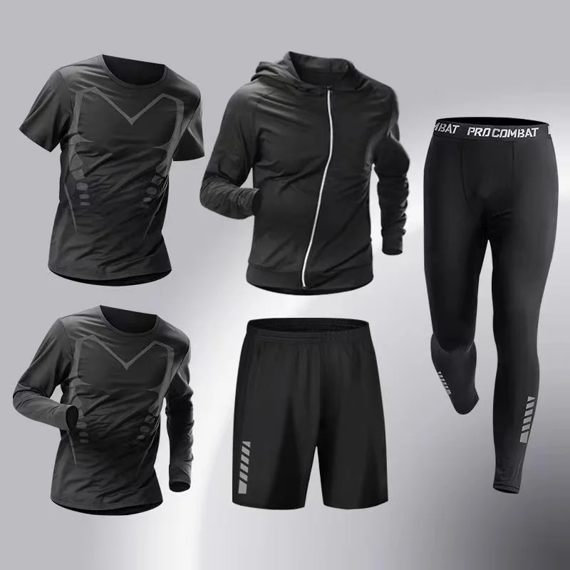 

2024 Seasonal Half Zipper Men's Sports Tight Set with Elastic Quick Drying Five Piece Set for Training Cycling Running Fitness