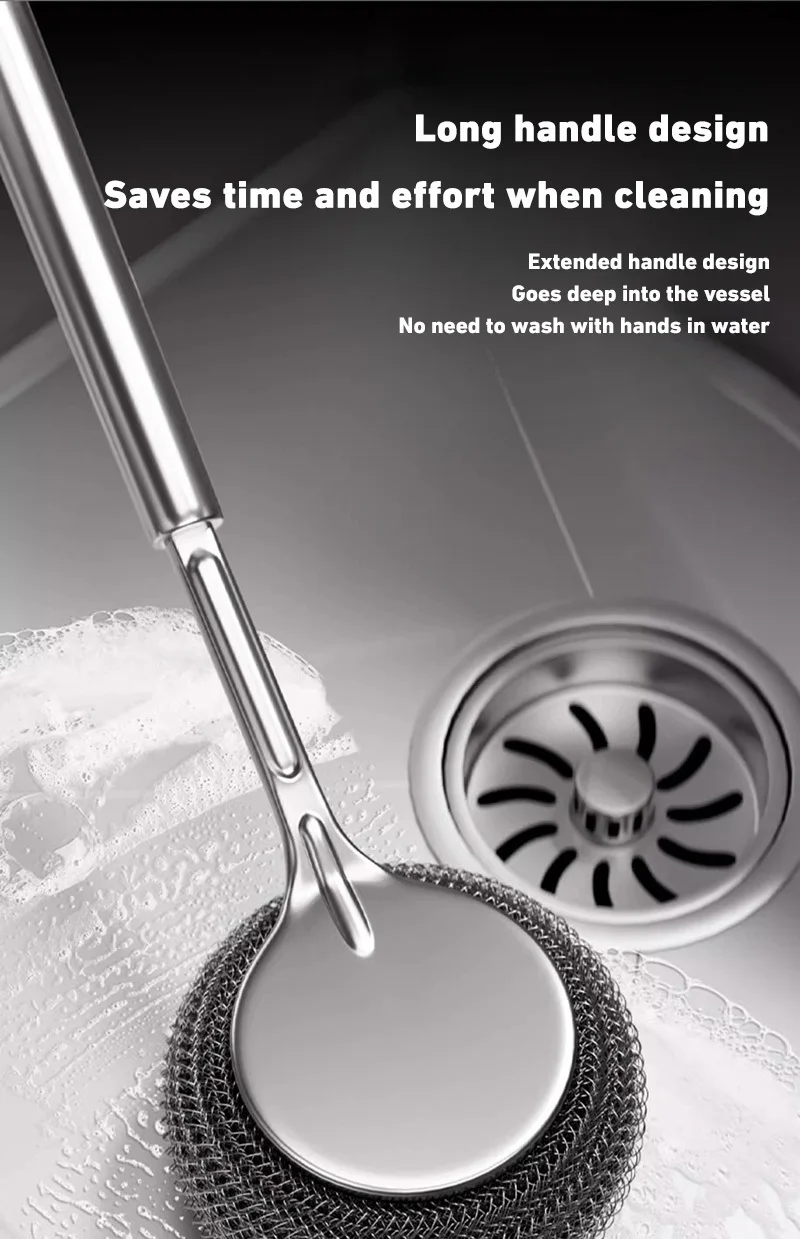 1pc Stainless Steel Pot With Handle Long Brush Kitchen Specific Washing Pot Steel Wire Ball