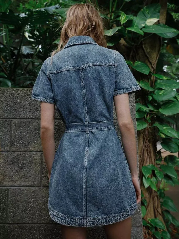 Summer New Women's Dress Collared Short Sleeve Waist-Cinched Denim Dress with Belt 18-25 Years Old Daily Wear Other Material