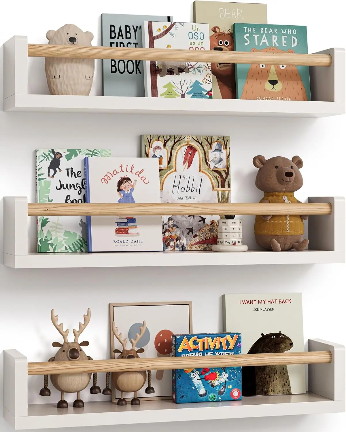 Set of 3 floating nursery book shelves, wall‑mounted kids bookshelf for bedroom, book display and decor for baby, toddler and kids room spaces.