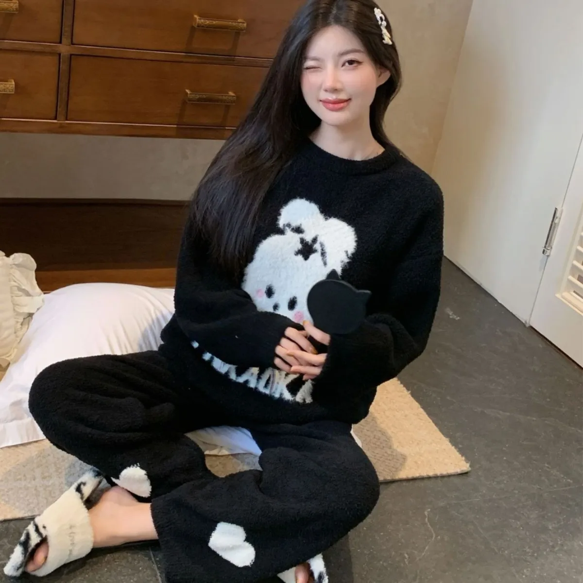 Women 2026 New Autumn Winter Half Sided Fleece Pajama Set Thick Warm Fuzzy Casual Soft Loungewear Home Sleepwear Suit for Ladies