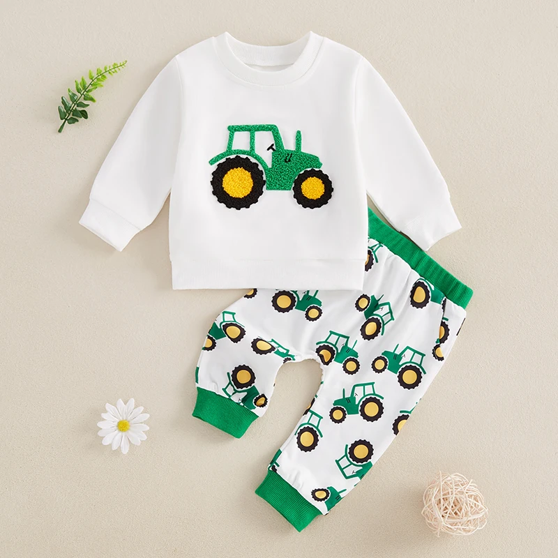 Baby Toddler Boys Fall Outfits Tractor Embroidery Pattern Long Sleeve Crew Neck Sweatshirts with Pants 2 Pcs Set