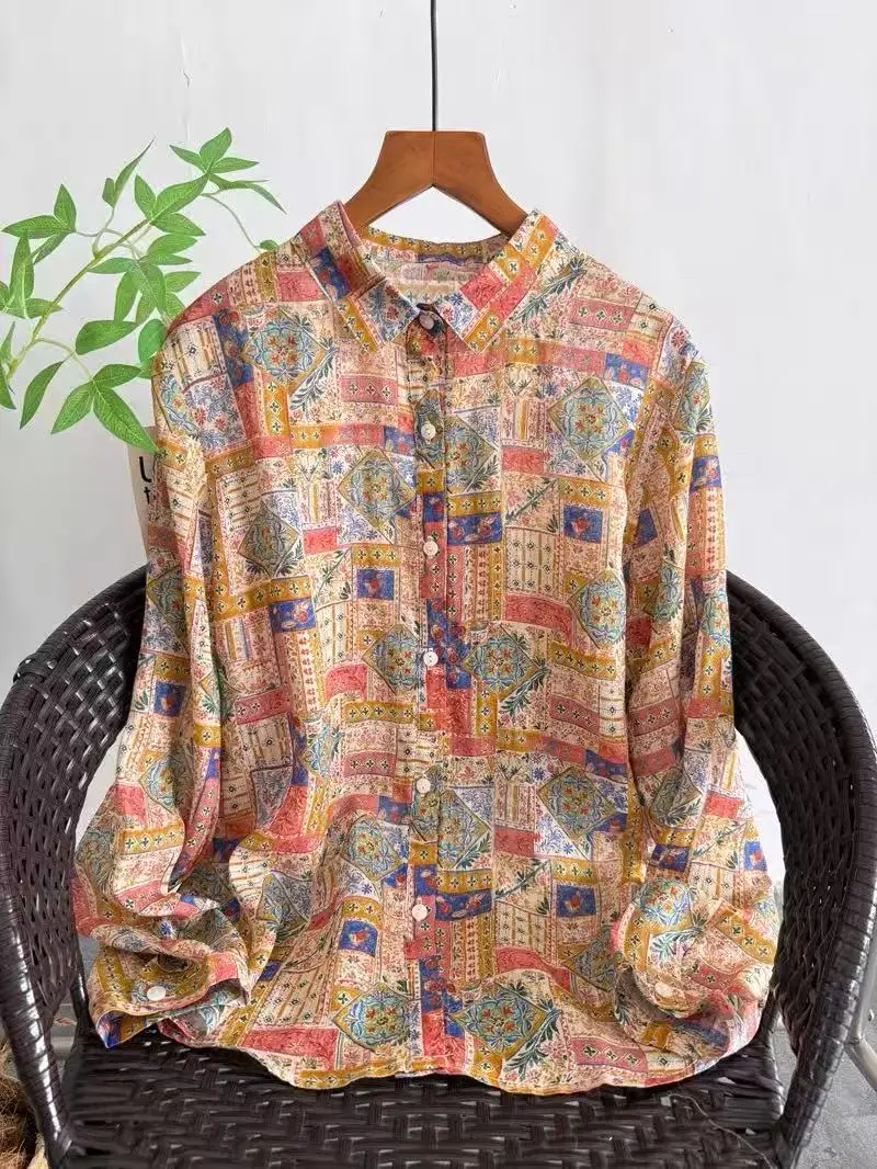 

100% Ramie Shirt Top Spring Summer Long Sleeve Single-Breasted Female Blouse Vintage Print Patchwork Blouses