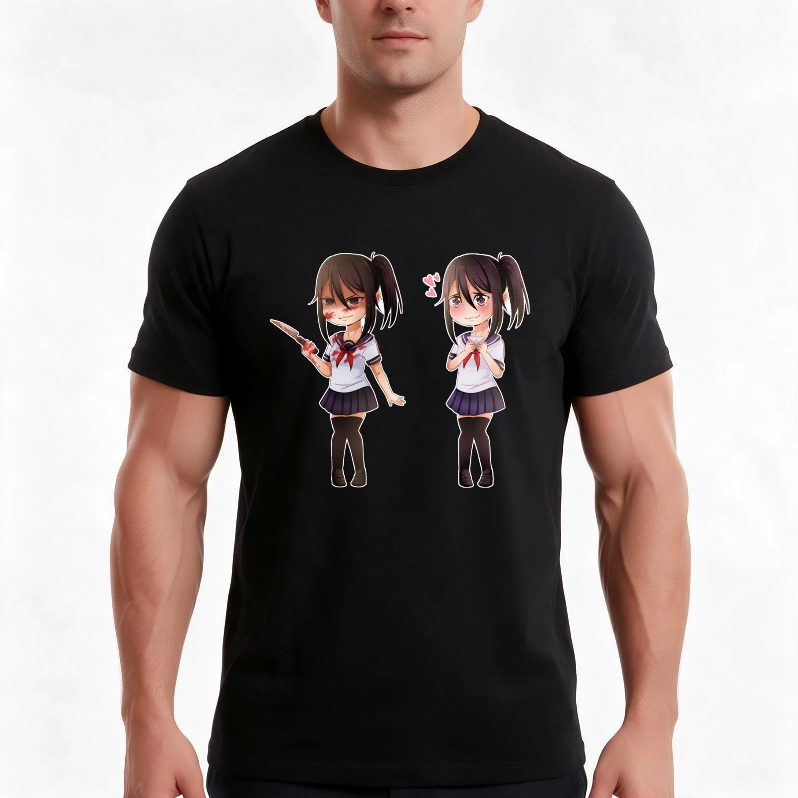 Yandere Chan - BOTH T-Shirt, Summer Casual Cotton Tee, Oversized Streetwear Tops, Vintage Graphic Print, Loose Fit Short Sleeve