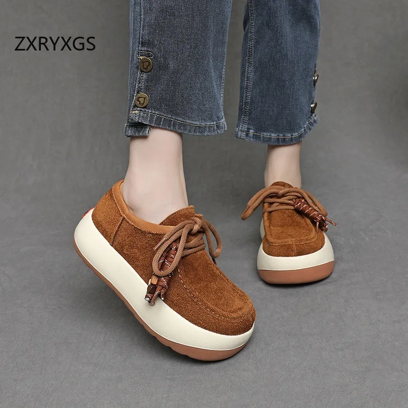 ZXRYXGS الطبقة العليا جلد البقر الرجعية سميكة سوليد الارتفاع زيادة أحذية رياضية أحذية خفيفة أنيقة الديكور النساء الأحذية العصرية 2025