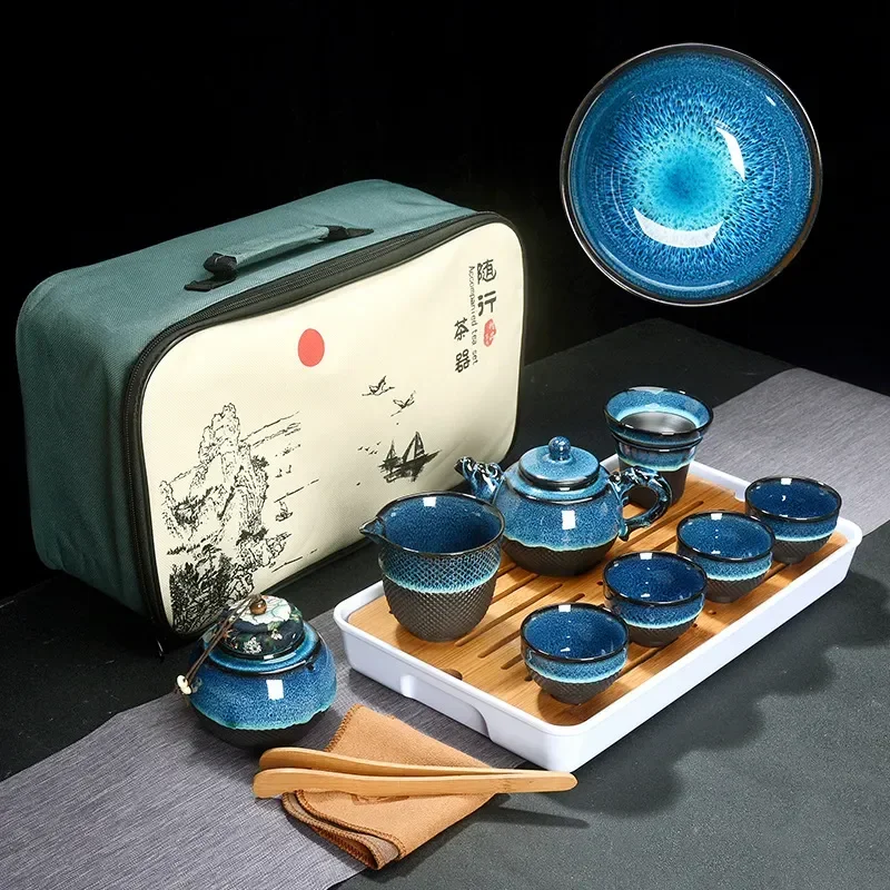 

Chinese Tea Set Blue Amber Glaze Ceramic Jingdezhen glaze Exquisite Set Kung Fu Tea Cup portable Teapot Gaiwan Tea Cups