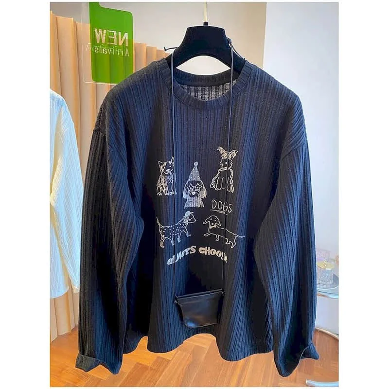 T-shirt con scollo a O Estetica oversize Design cartoon Top eleganti Vintage Casual stile americano Manica lunga Autunno Abbigliamento donna