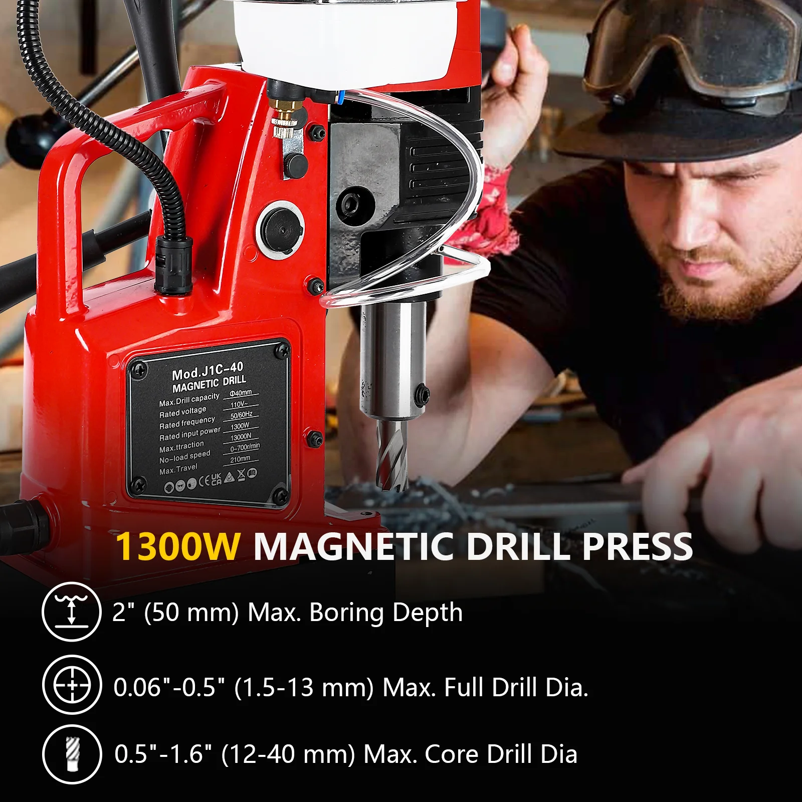 Mag Drill Press, 1300W 1.57" Boring Diameter 2922lbf/13000N Electric Magnetic Drill with with Twist Drill Chuck for Industrial