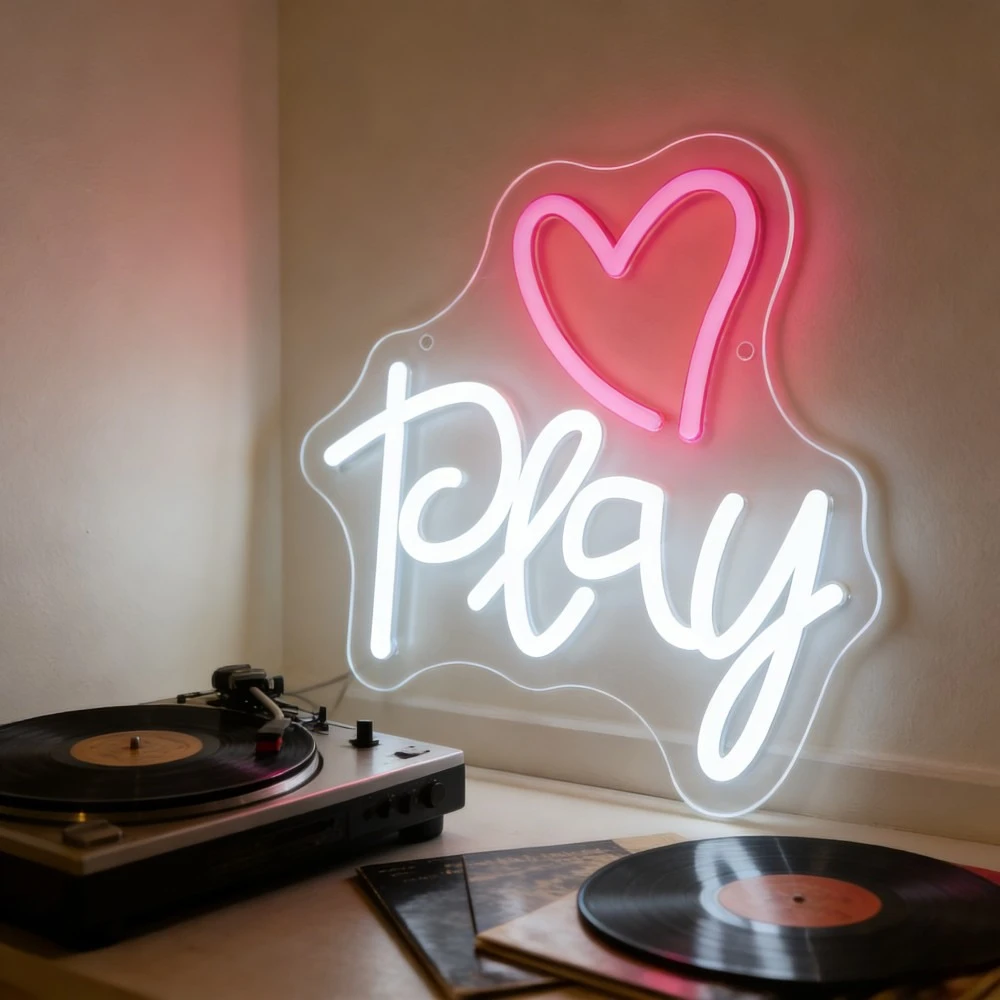 

Retro Vinyl Record Player Neon Sign LED Night Light USB Powered Heart Play DJ Studio Home Music Corner Decoration Gift