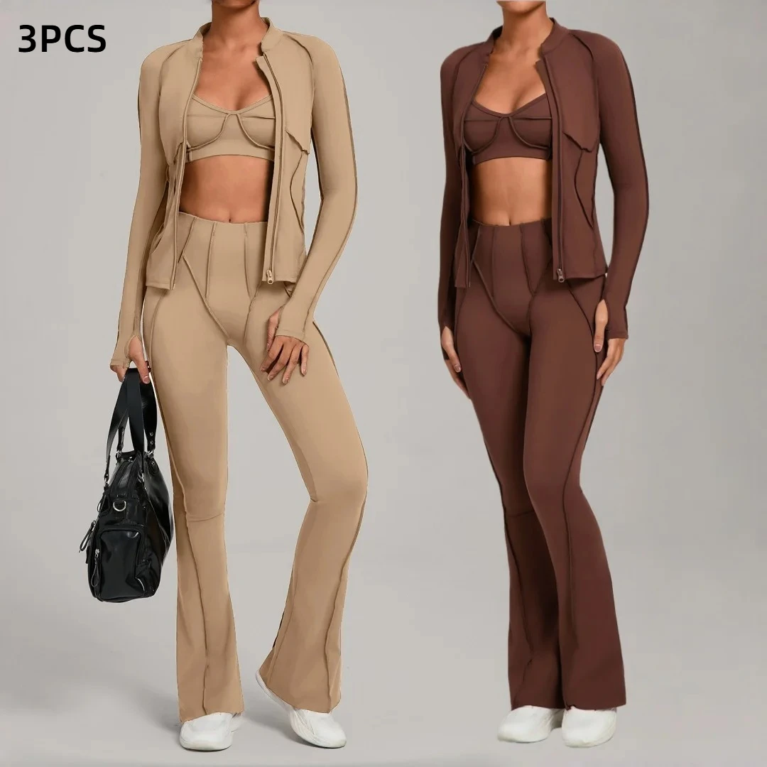 3PCS Brushed Zipper Jacket Yoga Set High Waist Tight Sports Coat Pants Yoga Fitness Suit Running Workout Clothes Gym Yoga Suit