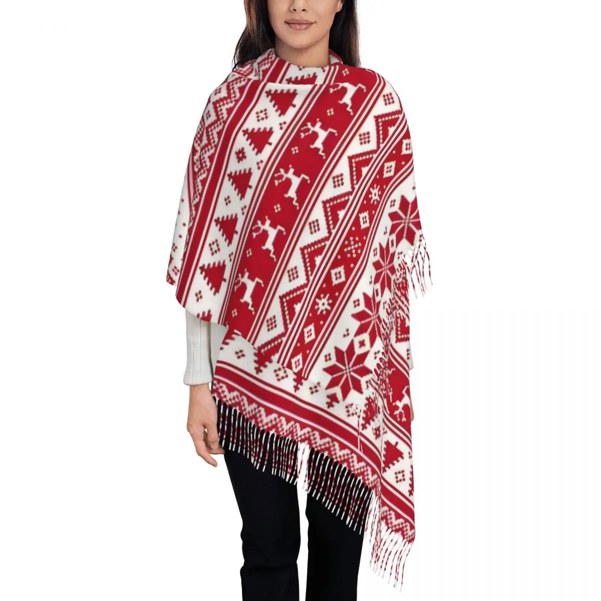 Reindeer Snowflake Deer Shawl Wrap Women Winter Warm Single-sided Pattern Scarf Nordic Christmas Neckerchief Shawl Scarves