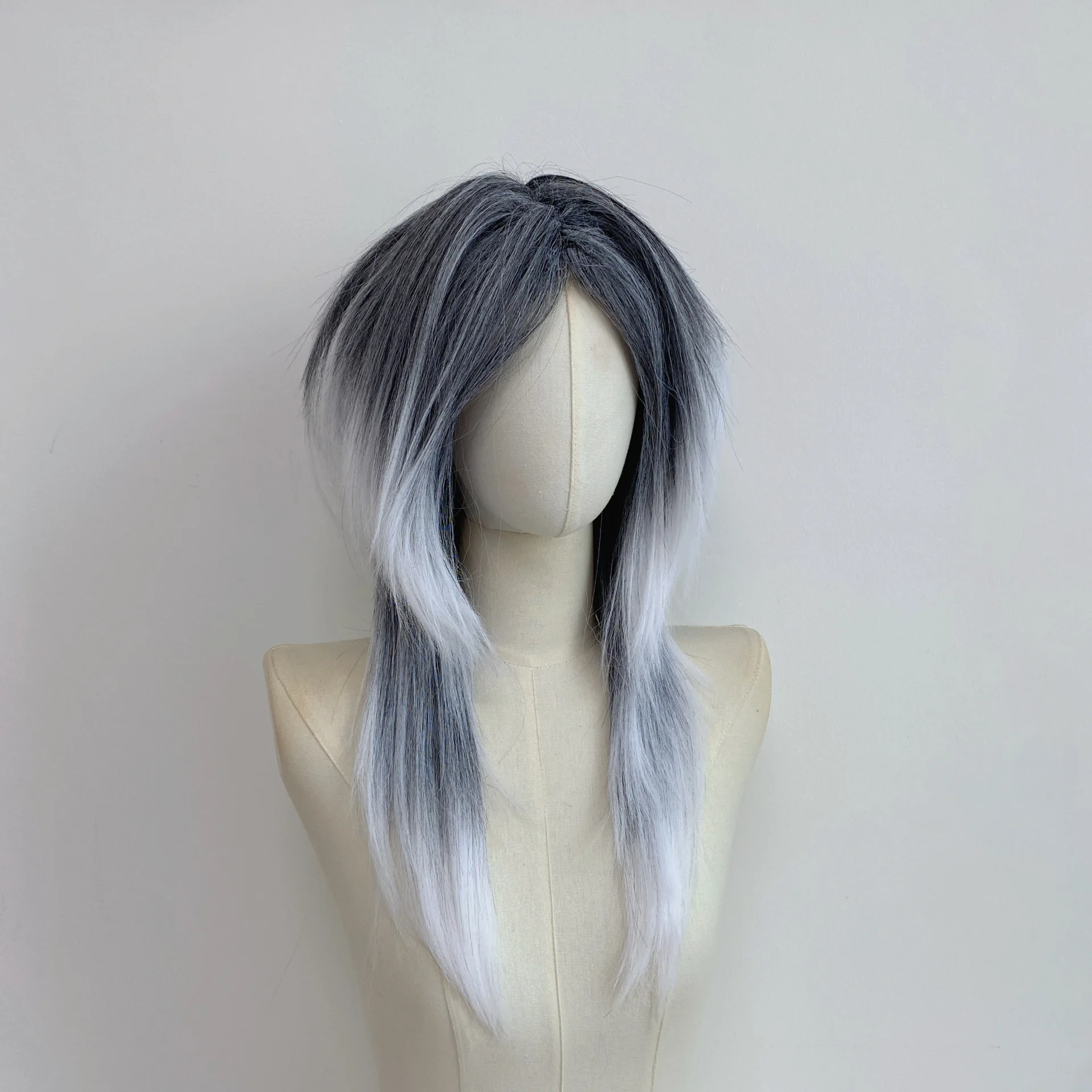 Fluffy texture medium long hair, women's trendy full top hair cover, gray gradient design wig