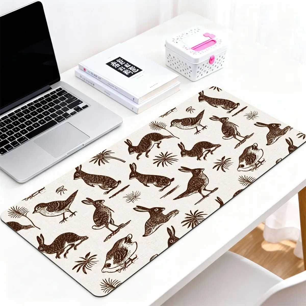 Woodcut Bunny Bird Mouse Pad, Retro Forest Animal Non-Slip Rubber Desk Mat, HD Print Smooth Control Keyboard Pad,Unique Gift