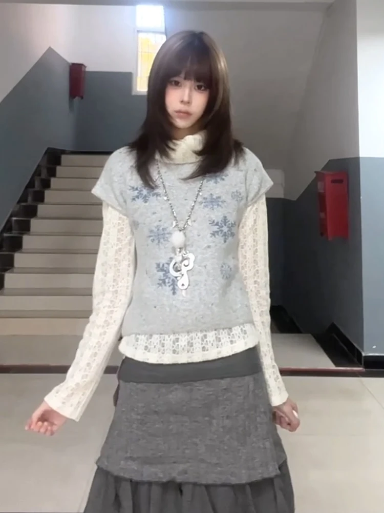 

Sweet Sle ort Sve Knitted Sweater Vest Women's Early Spring Faion Layering College Sle Cute Top Y2K Aibi Clothing
