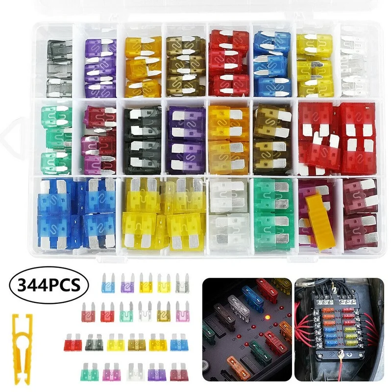 344pcs Assorted Car Fuse Mini Blade Fuses Set Auto Truck Assortment Kits Aluminum Fuse Combination + Small Clip Yellow