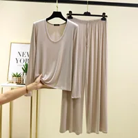M to 6XL Modal Long sleeve U-Neck Tshirt and Wide leg pants Plus size Women Loose Pajamas set solid color Thin Homewear clothing - Image 6