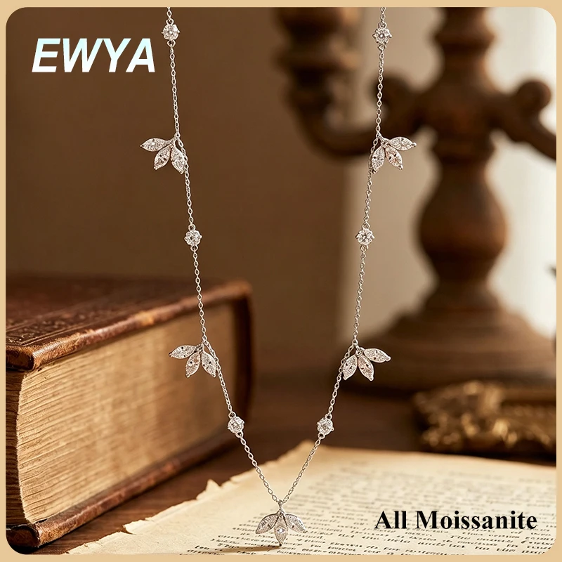 EWYA Dainty Lotus Marquise Cut Moissanite Dangling Necklace Women S925 Silver Choker Neck Chain Elegant Party Daily Jewelry Gift