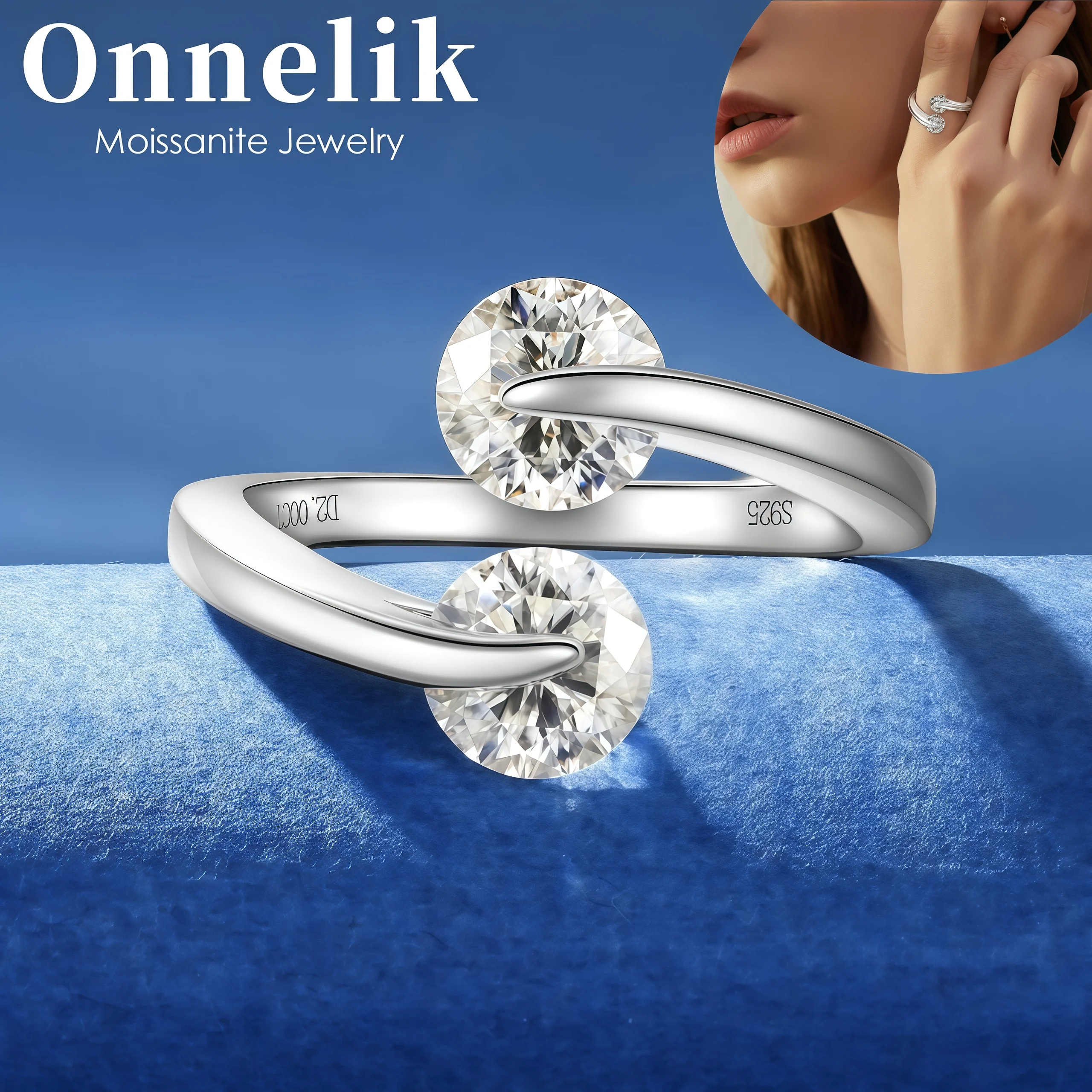 

Onnelik S925 Стерлинговое Серебро 2CT Сладкое Двойное D Цвет Муассанит Открытое Кольцо для Женщин Сверкающее Регулируемое Манжета Свет Роскошный Подарок