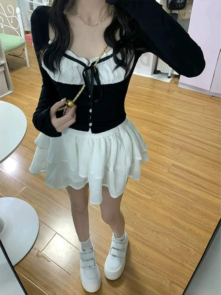 Japanese Kawaii Two Piece Set Women Bow Vintage Sweet Mini Skirt Suit Female Long Sleeve Fashion Tops + Causal Skirt 2023 Autumn