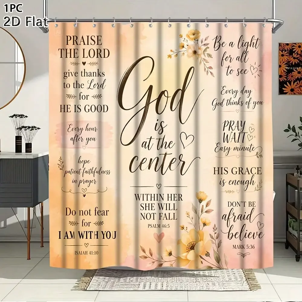 1pc Christian Shower Curtain • Bible Verse & God Quote Religious Decor • Suitable for Seasons • Machine Washable Fabric with Hooks • Hooks Included • 6 Size Options for Bathtub Enclosures