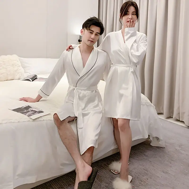 Spring Winter Ice Silk Sexy Bathrobe Long Robe Mr Hotel Style Large Size Loose Home Wear Sexy Sleepwear Couples Nightgown Women