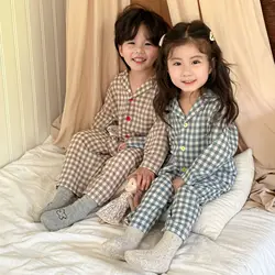 Children clothing cotton soft comfortable plaid pajamas set 2024 new spring fall boys girl fashion casual long sleeved home wear